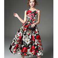 womens party sophisticated a line dress floral round neck above knee s ...