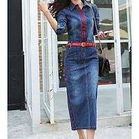 womens casualdaily simple denim dress striped shirt collar maxi long s ...