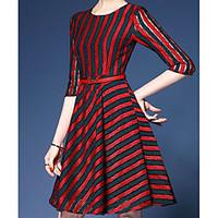 Women\'s Casual/Daily Simple Loose Dress, Striped Round Neck Above Knee Long Sleeve Cotton Summer High Rise Inelastic Thin