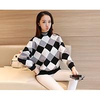 Women\'s Daily Regular Pullover, Striped Round Neck Long Sleeve Acrylic Fall Winter Medium Micro-elastic