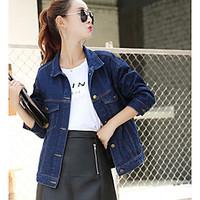 Women\'s Casual/Daily Simple Summer Denim Jacket, Solid Shirt Collar Long Sleeve Short Linen