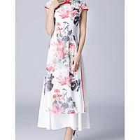 Women\'s Casual/Daily Swing Dress, Solid Floral Round Neck Maxi Short Sleeve Silk Summer Mid Rise Micro-elastic Medium