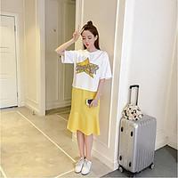 Women\'s Casual/Daily Simple Summer T-shirt Skirt Suits, Print Letter Round Neck Half Sleeve Micro-elastic