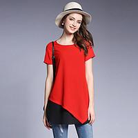 Women\'s Going out Casual/Daily Street chic Summer T-shirt, Solid Round Neck Short Sleeve Polyester Medium
