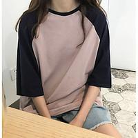 Women\'s Casual Casual/Daily Simple T-shirt, Color Block Round Neck 3/4 Length Sleeve Cotton