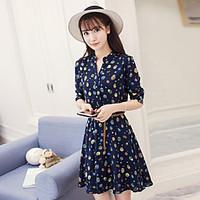 Women\'s Daily Chiffon Dress, Print Notched Above Knee ¾ Sleeve Polyester Summer Mid Rise Inelastic Thin