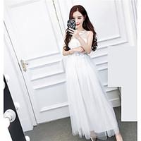 Women\'s Party Lace Dress, Solid Off Shoulder Knee-length Sleeveless Others Summer Mid Rise Micro-elastic Thin