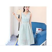 Women\'s Going out A Line Dress, Solid Round Neck Knee-length Sleeveless Others Summer High Rise Micro-elastic Medium