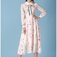 womens going out vintage loose dress floral round neck midi long sleev ...