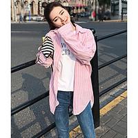 Women\'s Casual/Daily Simple Spring Summer Shirt, Striped Shirt Collar Long Sleeve Cotton Thin