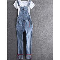 Women\'s Mid Rise Inelastic Jeans Overalls Pants, Cute Slim Pure Color Solid