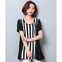 Women\'s Casual/Daily Simple T-shirt, Striped Round Neck Short Sleeve Cotton Thin