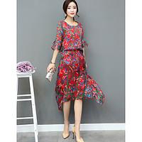 womens daily vintage a line swing dress print round neck midi asymmetr ...