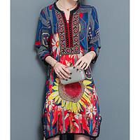 Women\'s Birthday Shift Dress, Color Block Round Neck Midi Short Sleeve Linen Summer Mid Rise Micro-elastic Medium