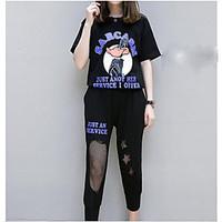 womens casualdaily simple summer t shirt pant suits solid round neck h ...