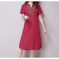 Women\'s Birthday Loose Dress, Solid Round Neck Midi Short Sleeve Cotton Summer Mid Rise Micro-elastic Medium