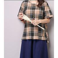 Women\'s Other Casual Simple Summer Shirt, Plaid/Check Round Neck Short Sleeve Cotton Linen Opaque