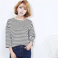 Women\'s Going out Casual/Daily Simple T-shirt, Striped Round Neck Long Sleeve Cotton
