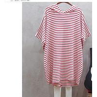 Women\'s Going out Casual/Daily Loose Dress, Striped Hooded Above Knee Short Sleeve Cotton Summer Mid Rise Micro-elastic Medium