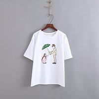 Women\'s Going out Casual/Daily Simple Cute T-shirt, Cartoon Round Neck ½ Length Sleeve Cotton