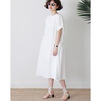 Women\'s Other Casual Vintage Loose Dress, Solid Round Neck Midi Short Sleeve Cotton Summer Mid Rise Micro-elastic Medium