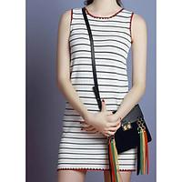 Women\'s Casual/Daily Simple Loose Dress, Striped Round Neck Above Knee Sleeveless Polyester Summer Mid Rise Inelastic Thin