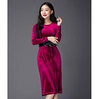 Women\'s Casual/Daily Simple A Line Dress, Solid Round Neck Midi Long Sleeve Silk All Seasons Mid Rise Micro-elastic Thin