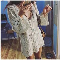 Women\'s Casual Loose Dress, Solid V Neck Above Knee Long Sleeve Others Summer Mid Rise Inelastic Thin Medium