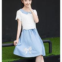 Women\'s Going out A Line Dress, Solid Round Neck Above Knee Short Sleeve Others Spring Summer High Rise Inelastic Medium