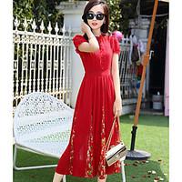 Women\'s Casual/Daily Swing Dress, Solid Stand Knee-length Short Sleeve Rayon Spring Summer High Rise Inelastic Thin