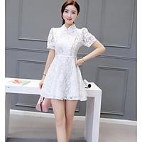 Women\'s Going out A Line Dress, Solid Stand Above Knee Short Sleeve Cotton Spring Summer Mid Rise Inelastic Thin