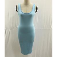 womens party sheath dress solid u neck midi sleeveless cotton summer m ...