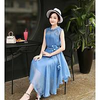 Women\'s Party Simple Swing Dress, Solid Round Neck Maxi Sleeveless Rayon Spring Summer High Rise Inelastic Thin