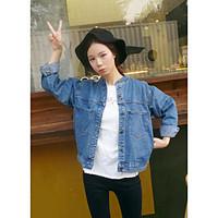 Women\'s Going out Casual/Daily Vintage Simple Fall Winter Denim Jacket, Solid Round Neck Long Sleeve Regular Others