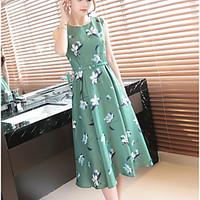 womens eventparty work vintage a line dress solid floral round neck mi ...