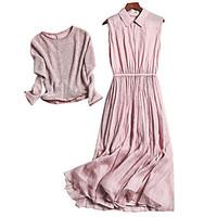 Women\'s Daily Vintage Sheath Dress, Solid Round Neck Knee-length 3/4-Length Sleeve Silk Cotton Summer Mid Rise Micro-elastic Medium