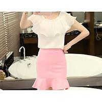 Women\'s Casual Simple Summer Shirt Skirt Suits, Solid U Neck Short Sleeve Micro-elastic