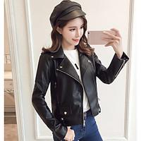 Women\'s Casual/Daily Simple Summer Leather Jacket, Solid Shirt Collar Long Sleeve Short PU