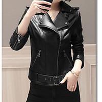 Women\'s Party/Cocktail Vintage Spring Fall Leather Jacket, Solid Peaked Lapel Long Sleeve Short PU Pleated