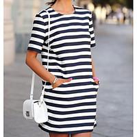 Women\'s Casual/Daily Simple Loose Dress, Striped Round Neck Above Knee Short Sleeve Cotton Summer Mid Rise Inelastic Thin