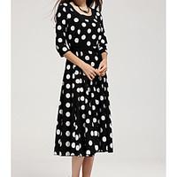 Women\'s Casual/Daily Simple Loose Dress, Polka Dot Round Neck Midi ¾ Sleeve Polyester Summer High Rise Inelastic Thin