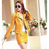 womens casualdaily simple fall leather jacket solid notch lapel long s ...