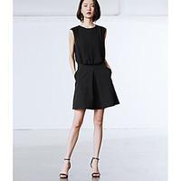 Women\'s Daily Little Black Dress, Solid Round Neck Above Knee Sleeveless Cotton Summer Mid Rise Micro-elastic Medium