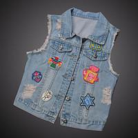 Women\'s Casual/Daily Simple Summer Denim Jacket, Print Shirt Collar Sleeveless Short Linen