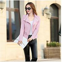 Women\'s Casual/Daily Simple Summer Leather Jacket, Solid Notch Lapel Long Sleeve Short PU