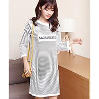 Women\'s Going out A Line Dress, Solid Round Neck Knee-length Long Sleeve Cotton Spring High Rise Micro-elastic Medium