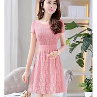 Women\'s Birthday Daily Simple Sheath Dress, Solid Round Neck Above Knee Short Sleeve Lace Summer Mid Rise Micro-elastic Thin