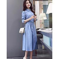 womens casualdaily simple denim dress solid shirt collar midi long sle ...