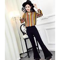 Women\'s Casual/Daily Simple T-shirt Pant Suits, Striped V Neck Long Sleeve Micro-elastic