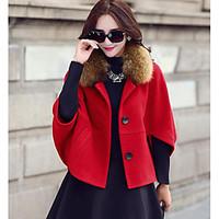 Women\'s Going out Party/Cocktail Sexy Cute Spring Fall Fur Coat, Solid Print Notch Lapel ½ Length Sleeve Short Polyester Wool